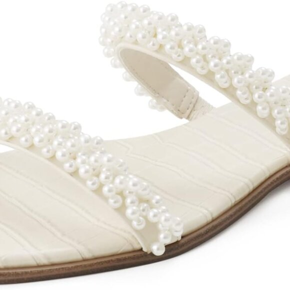 Women's Pearl Strap Flat Sandals Slip On Square Toe Dressy Summer Casual - Picture 1 of 7